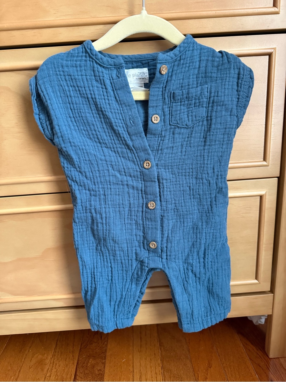 Blue Cotton Muslin Baby Romper with Front Snaps